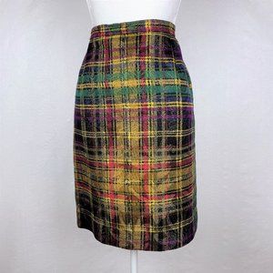 Vintage Carlisle Wool Silk Metallic Plaid Pencil Skirt Sz 8